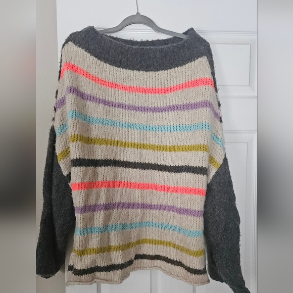 Free People Nordic Rainbow Stripe Oversized Chunky Knit Sweater Medium Boho Alpa - Picture 5 of 8